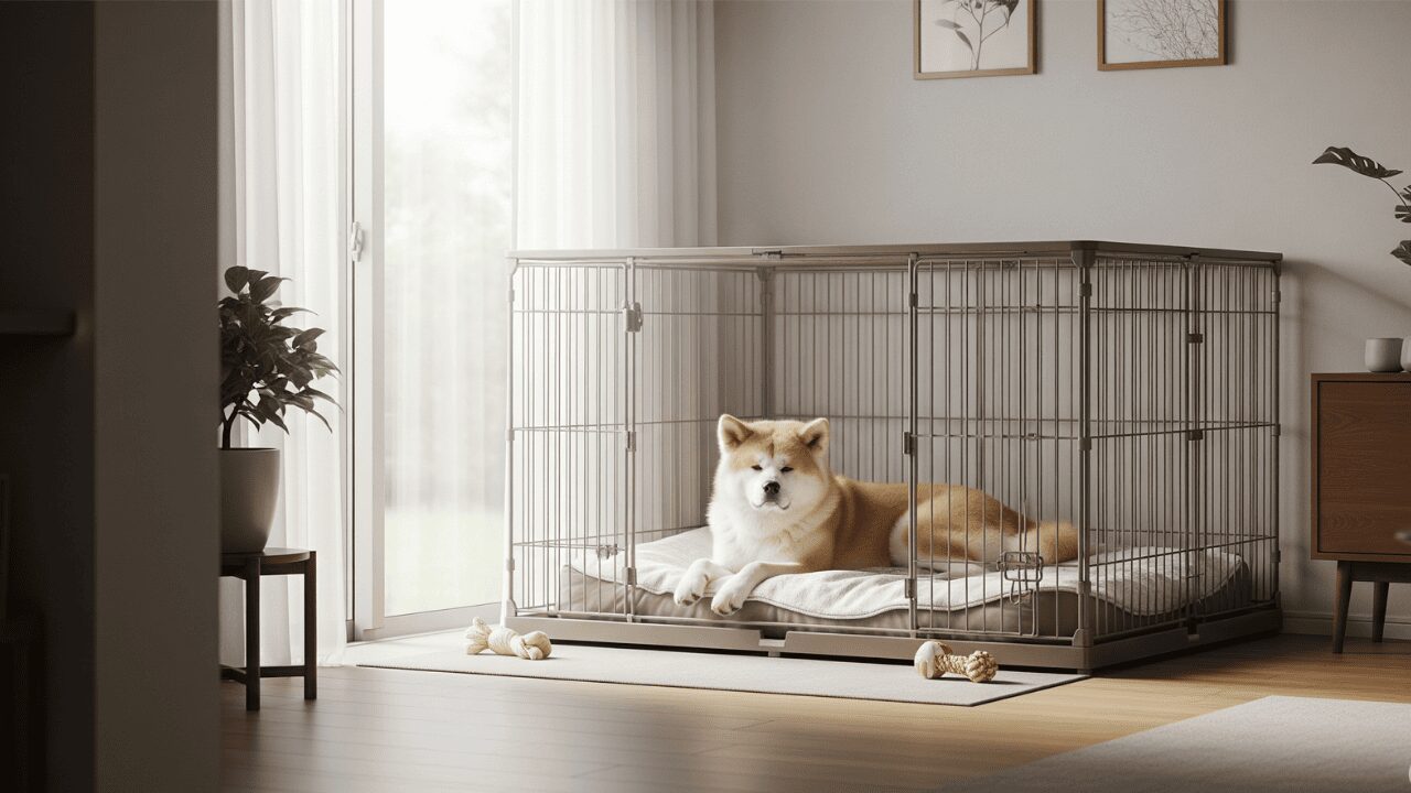 犬がケージに入っている