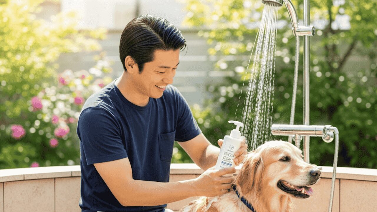 犬をシャンプしている