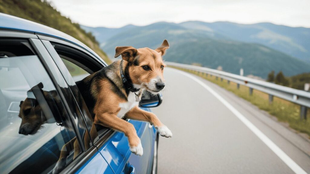 犬が車の窓から、顔を出している